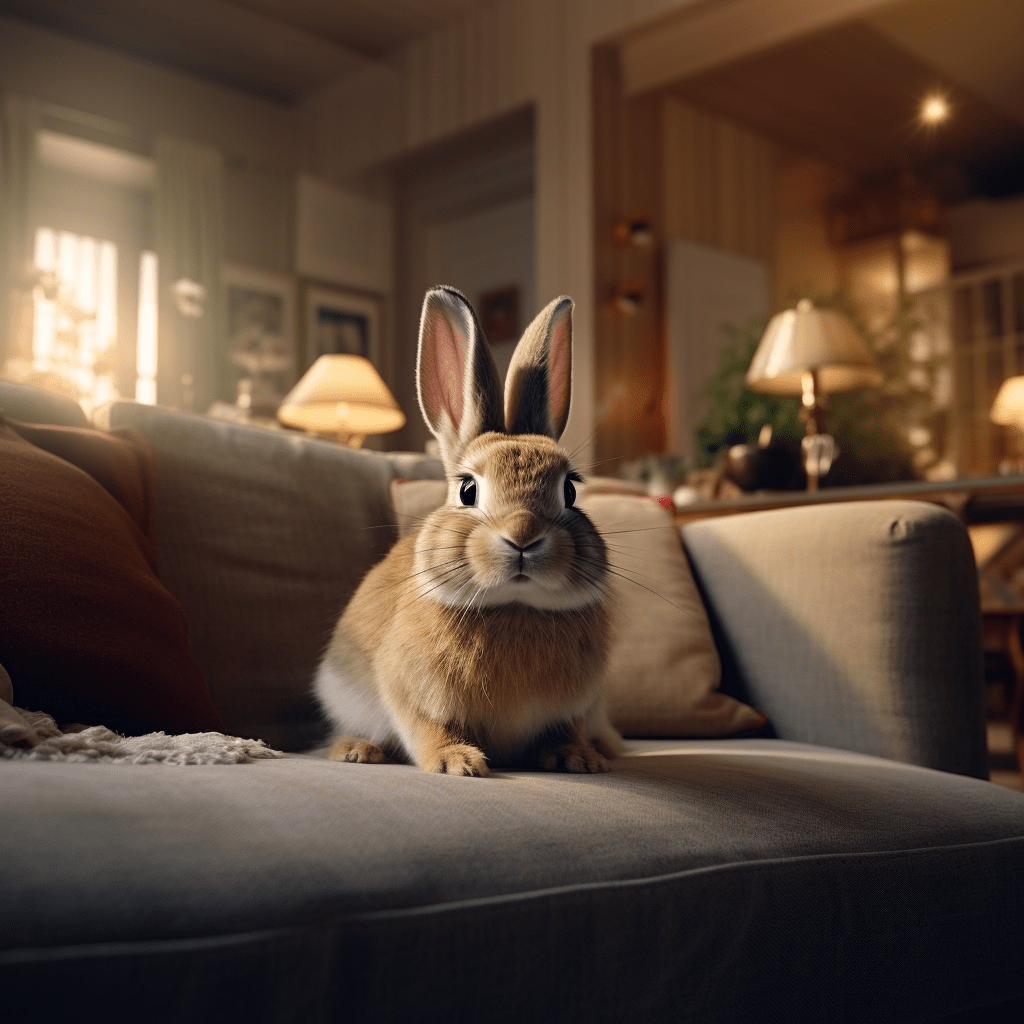 Pet rabbit sitting on a couch in a living room